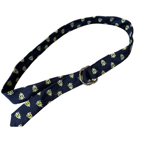 J. Crew Silk Belt Navy Blue Green Anchor Nautical S M Women's D Ring Adjustable - Picture 1 of 6